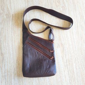 Western Embossed Brown Leather Sling Crossbody Multi-Pocket Zip Adjustable Strap